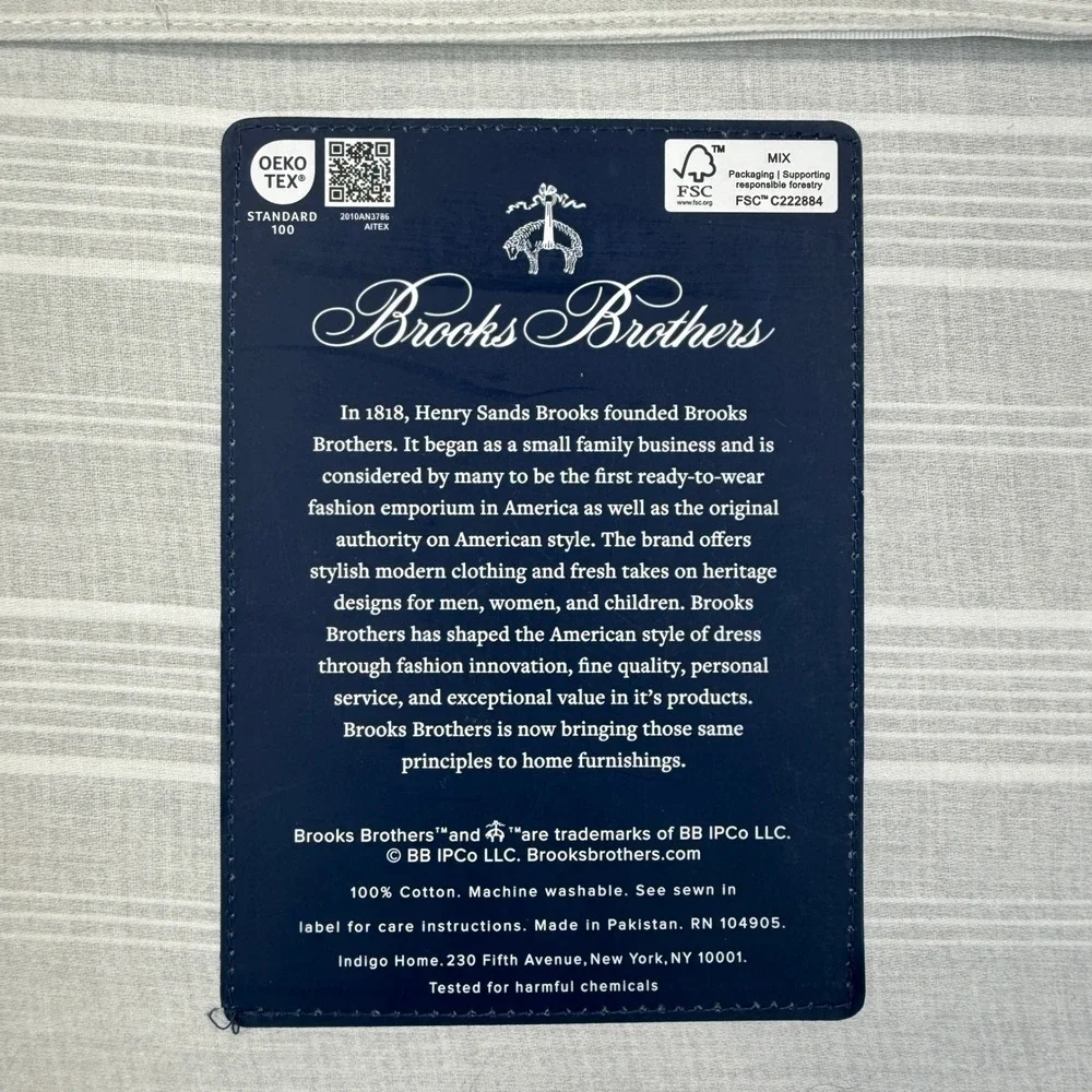 Brooks Brothers Queen Sheet Set Grey White Stripe 100% Cotton 4pc Luxury New